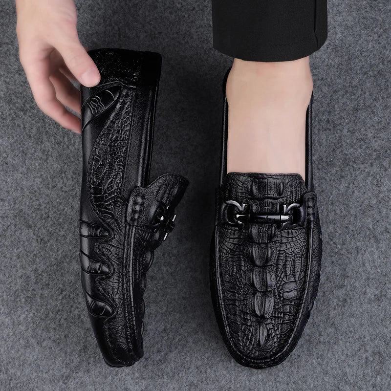 Mens Slip On Loafers Genuine Leather Casual Shoes Driving Moccasins Flats Luxury Brand Classic Black Handmade - Sun Studio