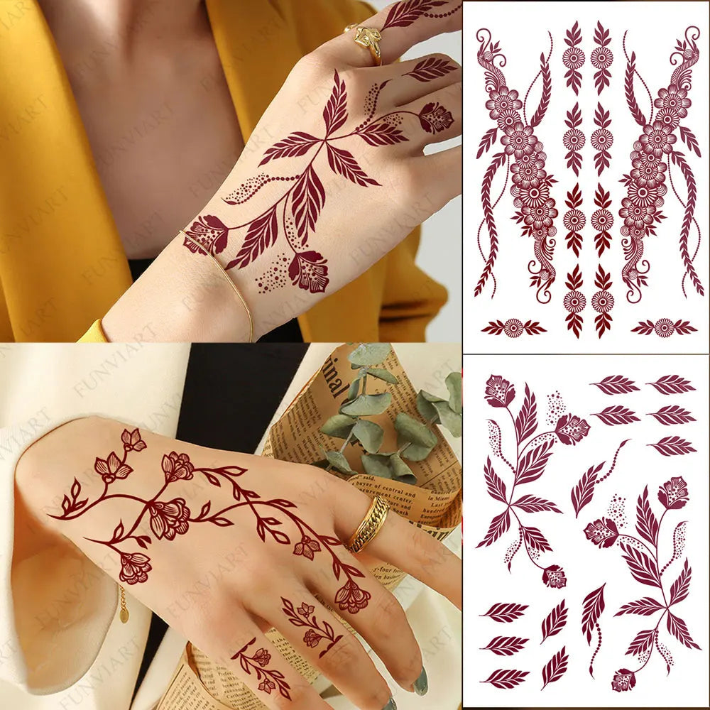 Waterproof Flower Hand Tattoo for Women Maroon Henna Tattoo Stickers for Hand Fingers Body Art Disposable Fake Tattoo Festival - Sun Studio