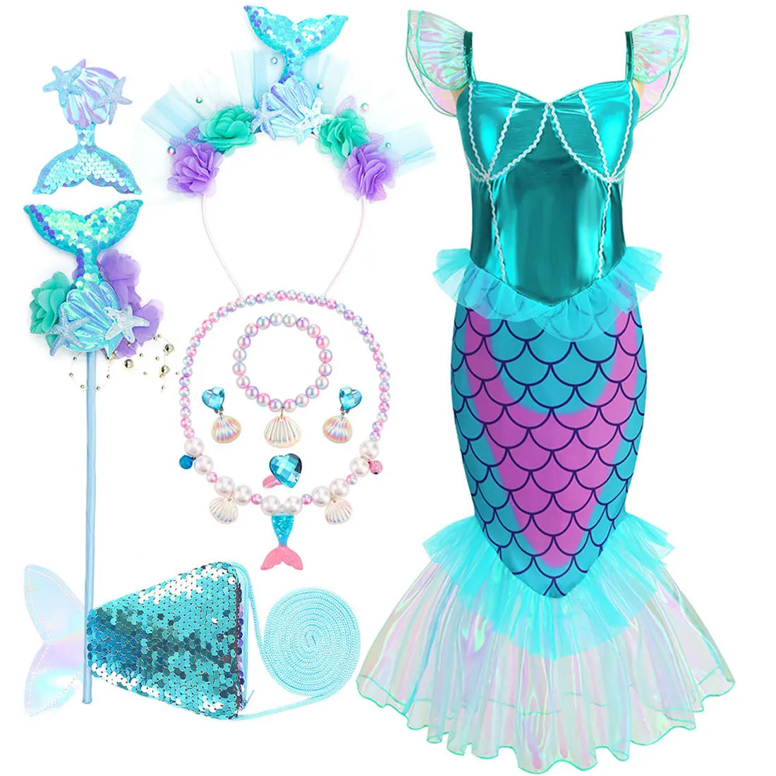 Disney Blue Red Purple Three Colors Mermaid Flying Sleeve Fishtail Beautiful Dress For Girl Summer Beach Party Cool Swimsuit Set - Sun Studio