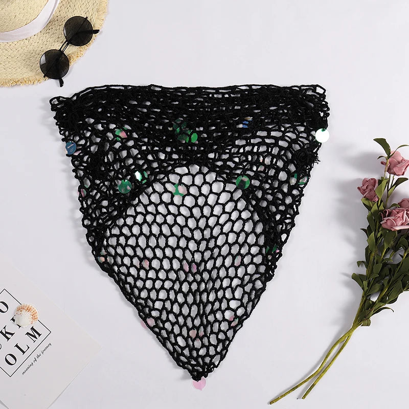 Women's Handmade Crochet Triangle Mesh Shawl With Sequins Sexy Beach Sunscreen Skirt Summer Hollow Out Swimsuit Cover Ups - Sun Studio