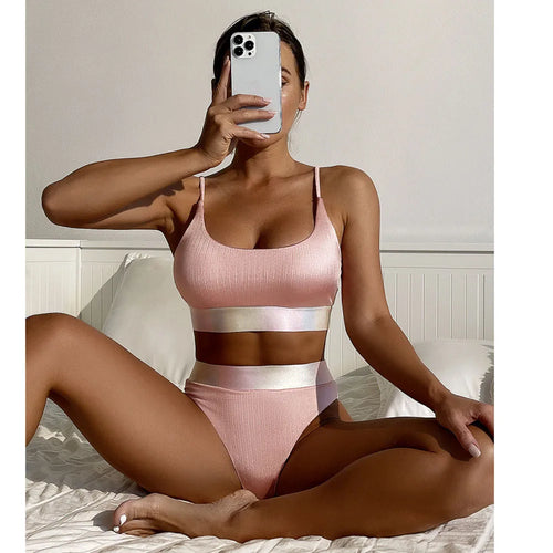 2022 High Waist Bandage Bikini Set For Women Pink Patchwork Bikinis Push Up Deep-V Brazilian Biquini Swimwear Swimsuit Beachwear - Sun Studio