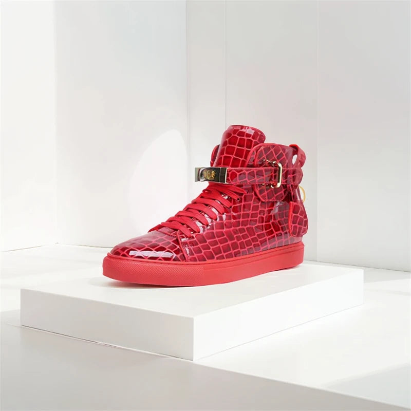 High-Top Sneakers Men Embossed Metal Lock Lace Red Metal Cow Leather Fashion Platform Casual Shoes High Quality - Sun Studio