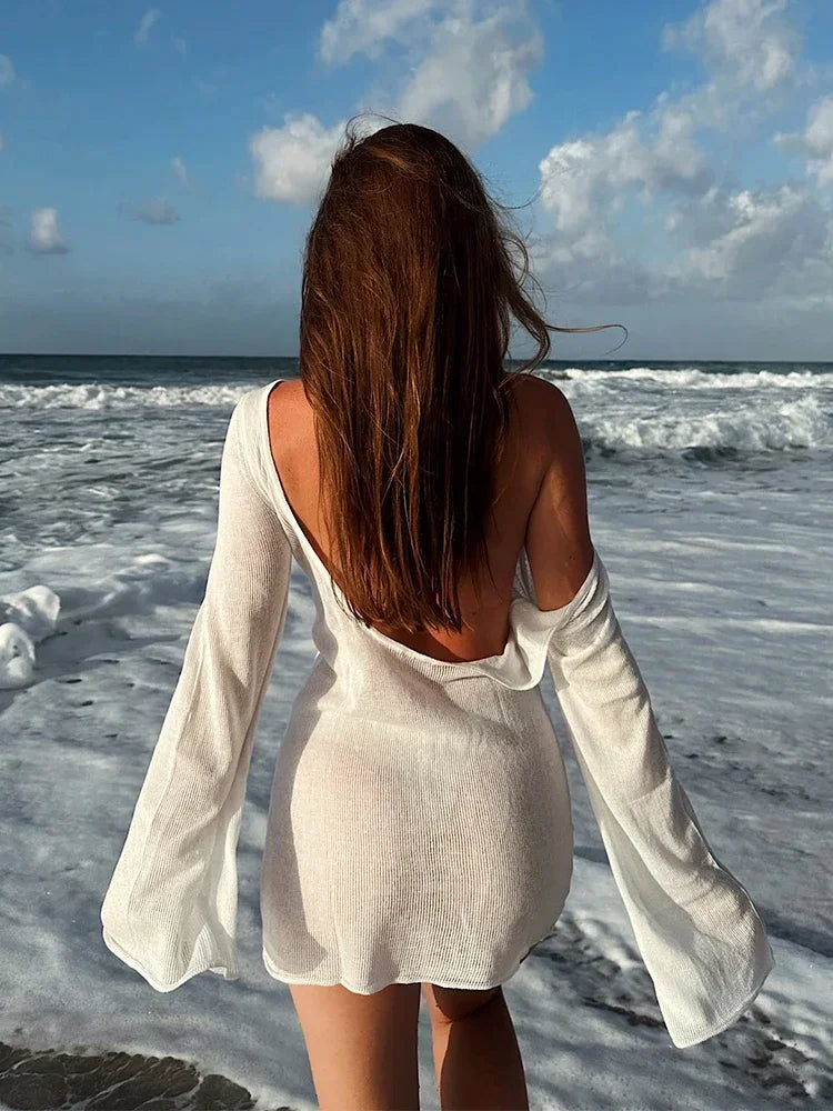 Summer Seaside Women's Solid Knit Mini Dress 2026 Sexy Backless Bell Sleeve See Through Short Dress Beach Swimsuit Cover Up K98 - Sun Studio