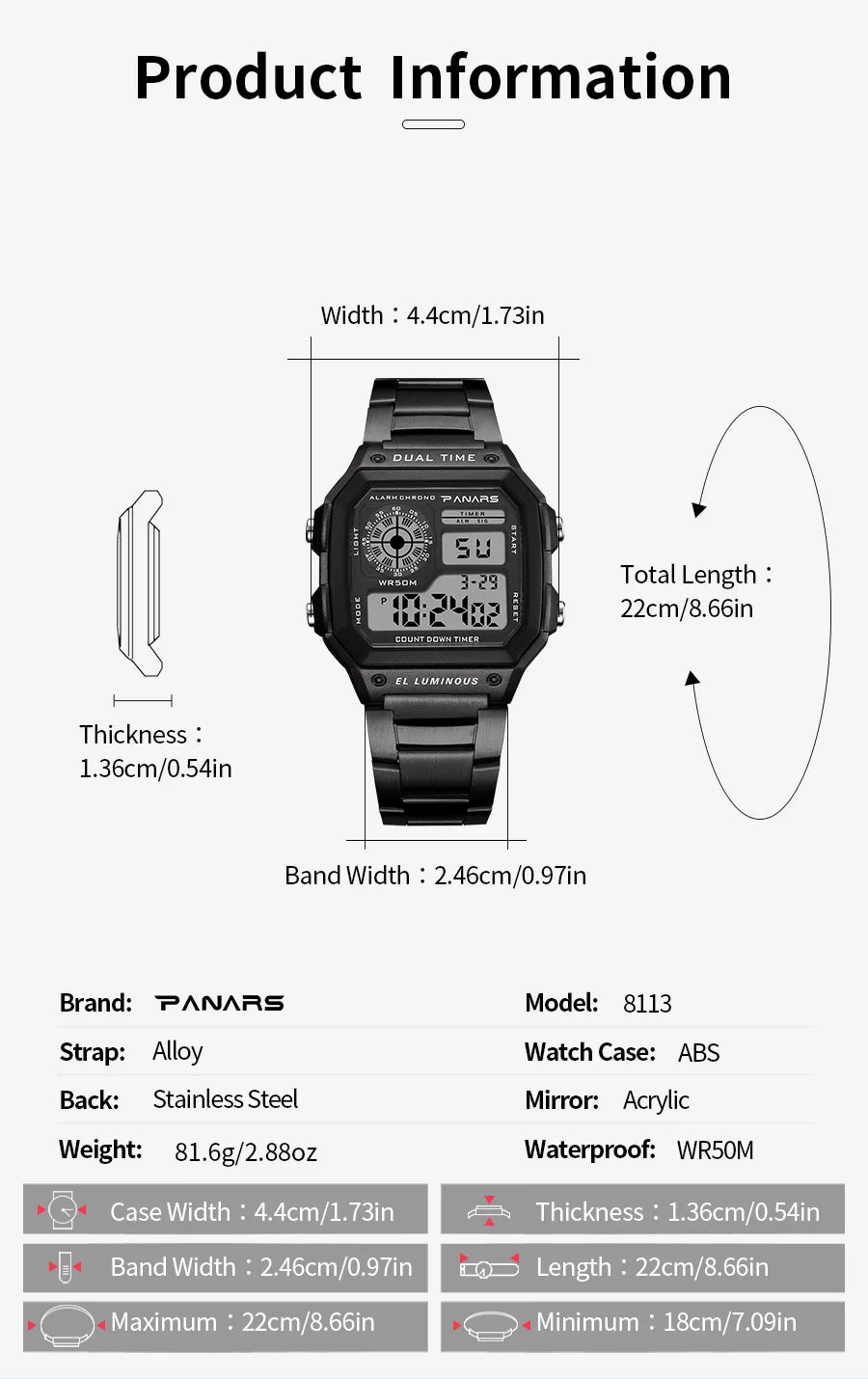 PANARS Top Luxury Stainless Steel Strap Sport Watches Mens Waterproof Back Light Digital Wristwatch Male Alarm - Sun Studio