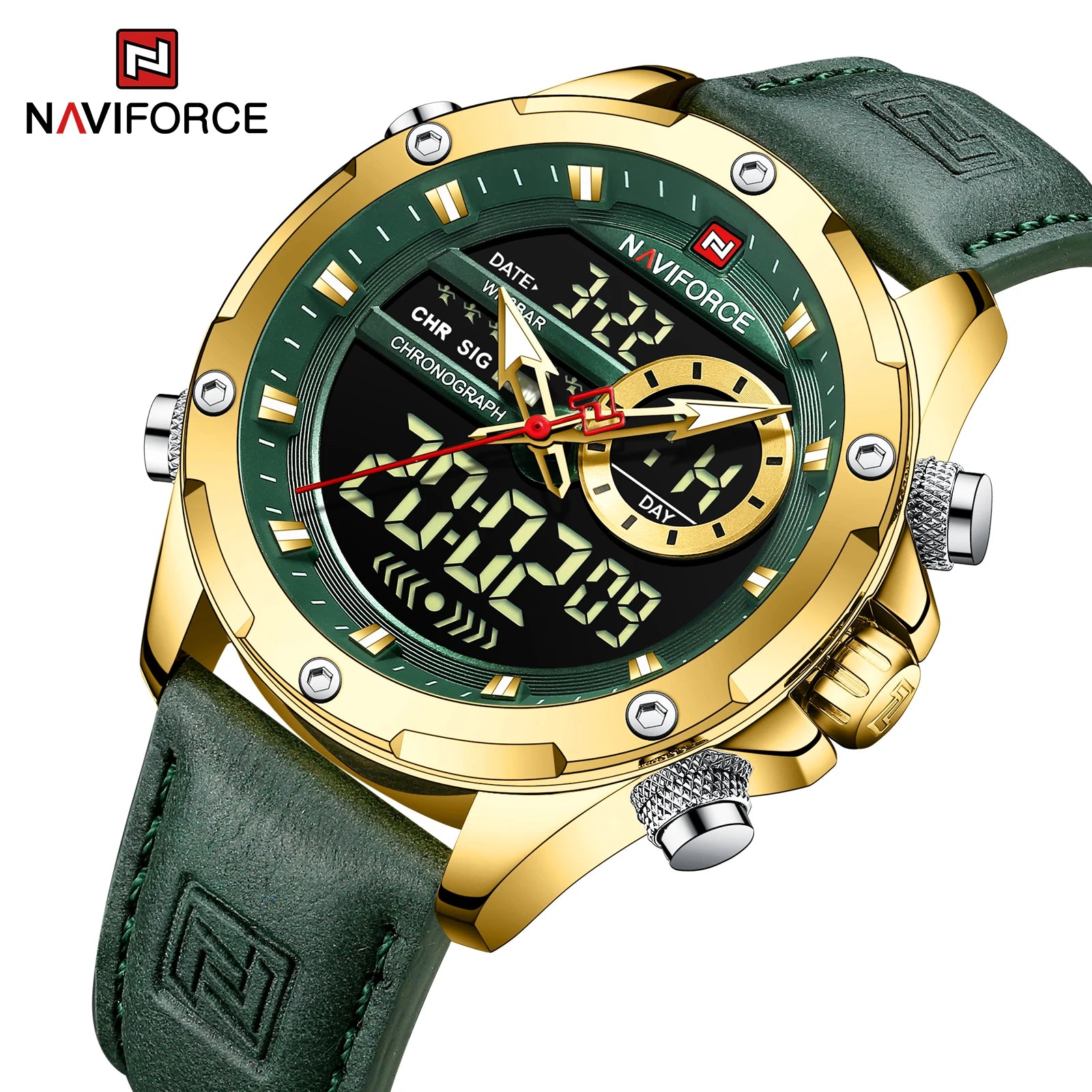 NAVIFORCE Luxury Original Watches For Men Casual Sport Chronograph Alarm Quartz WristWatch Leather Waterproof Digital Clock 9163 - Sun Studio