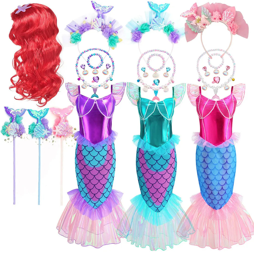 Disney Blue Red Purple Three Colors Mermaid Flying Sleeve Fishtail Beautiful Dress For Girl Summer Beach Party Cool Swimsuit Set - Sun Studio