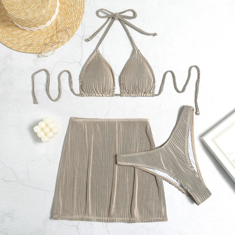 3 Pieces Ribbed Bikinis 2026 Halter Triangle Swimsuit & Skirt Swimwear Women Bathers Bathing Swimming Swim Suit Female Beachwear - Sun Studio