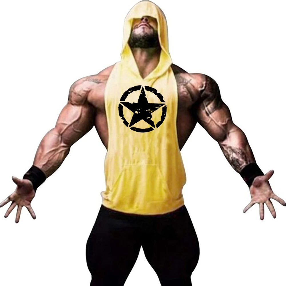 Fitness muscle vest sleeveless hooded men's summer gym sports hooded sweatshirt training sweat absorbing short sleeved vest - Sun Studio