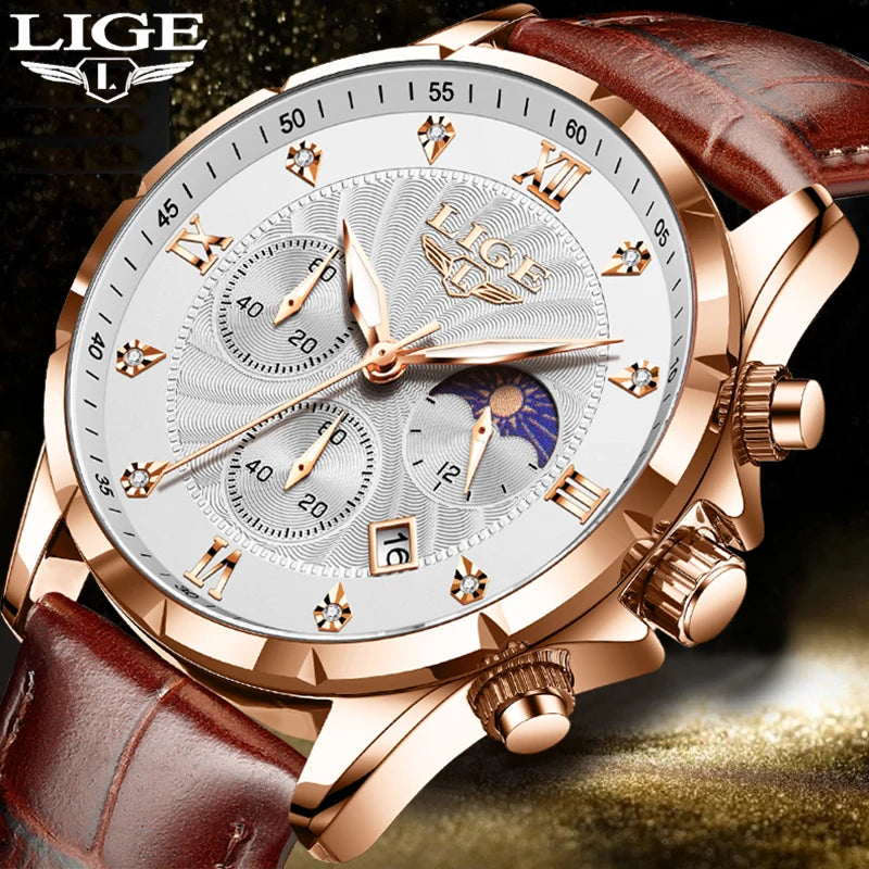 LIGE New Quartz Watches for Men Top Brand Luxury Leather Fashion Military Watch Men Sport Waterproof Chronograph Montre Homme - Sun Studio