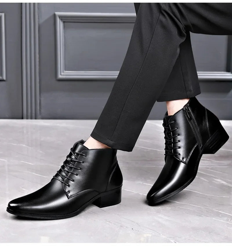 Men's Boots Fashion High-top Casual Boot Pointed Tip Business Leather Boots for Men Plush Warm Winter Boots Lace Up Ankle Botas - Sun Studio