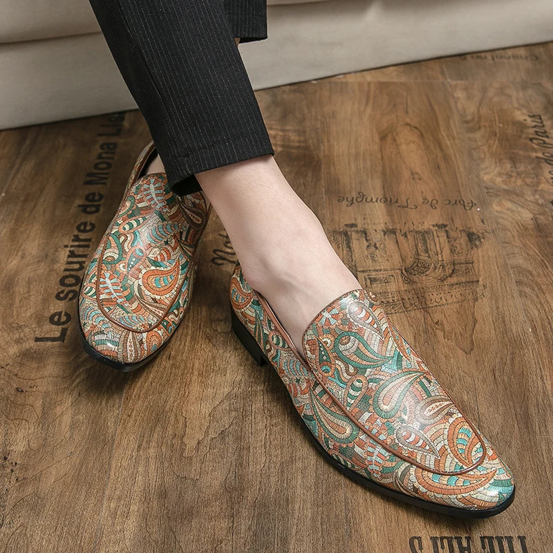New British Style Fashion Trends Printed Leather Loafers Men Breathable Casual Shoes Men Slip-on Dating Driving Party Men Shoes - Sun Studio