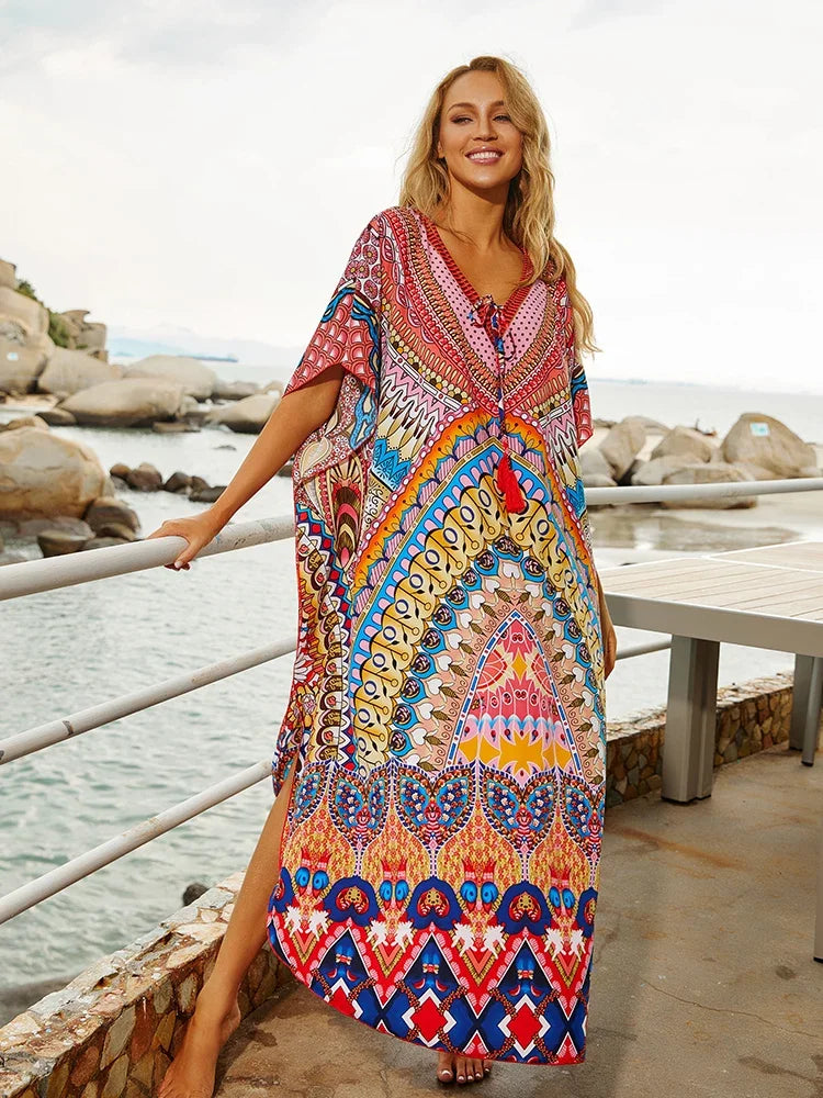 EDOLYNSA Bohemian Printed Women Plus Size vacation kaftan Summer Beach Maxi Dress Beachwear SwimSuit Cover Up beach wear  Q999 - Sun Studio