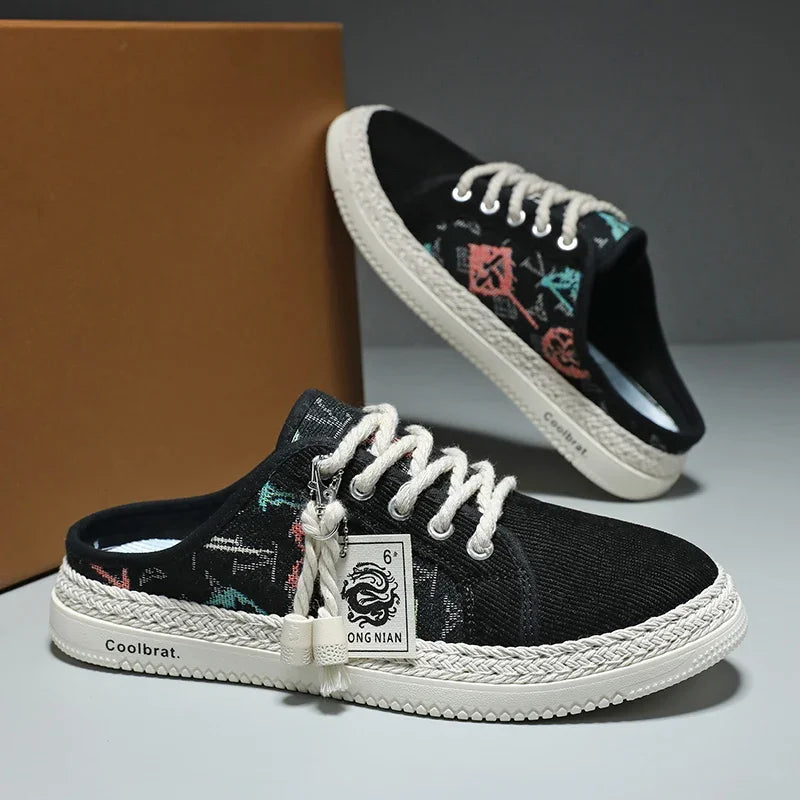 Summer New Canvas Men's Casual Shoes Men Half Slippers Breathable Walking Sneakers Comfortable Non-slip Male Flats Lazy Shoes