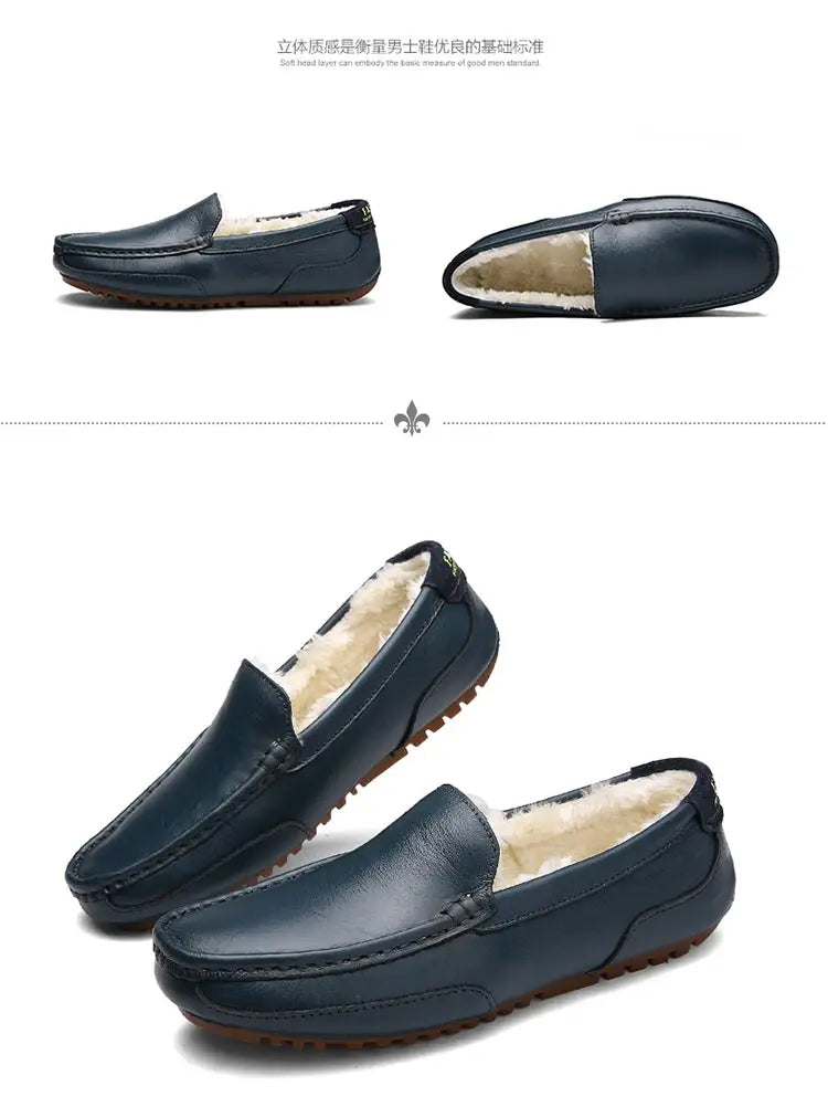 Winter Fur Loafers Men Casual Shoes Cotton Leather Dress Shoes Slip-on Flats Plush Man Moccasins Fleece Lined Driving Shoes