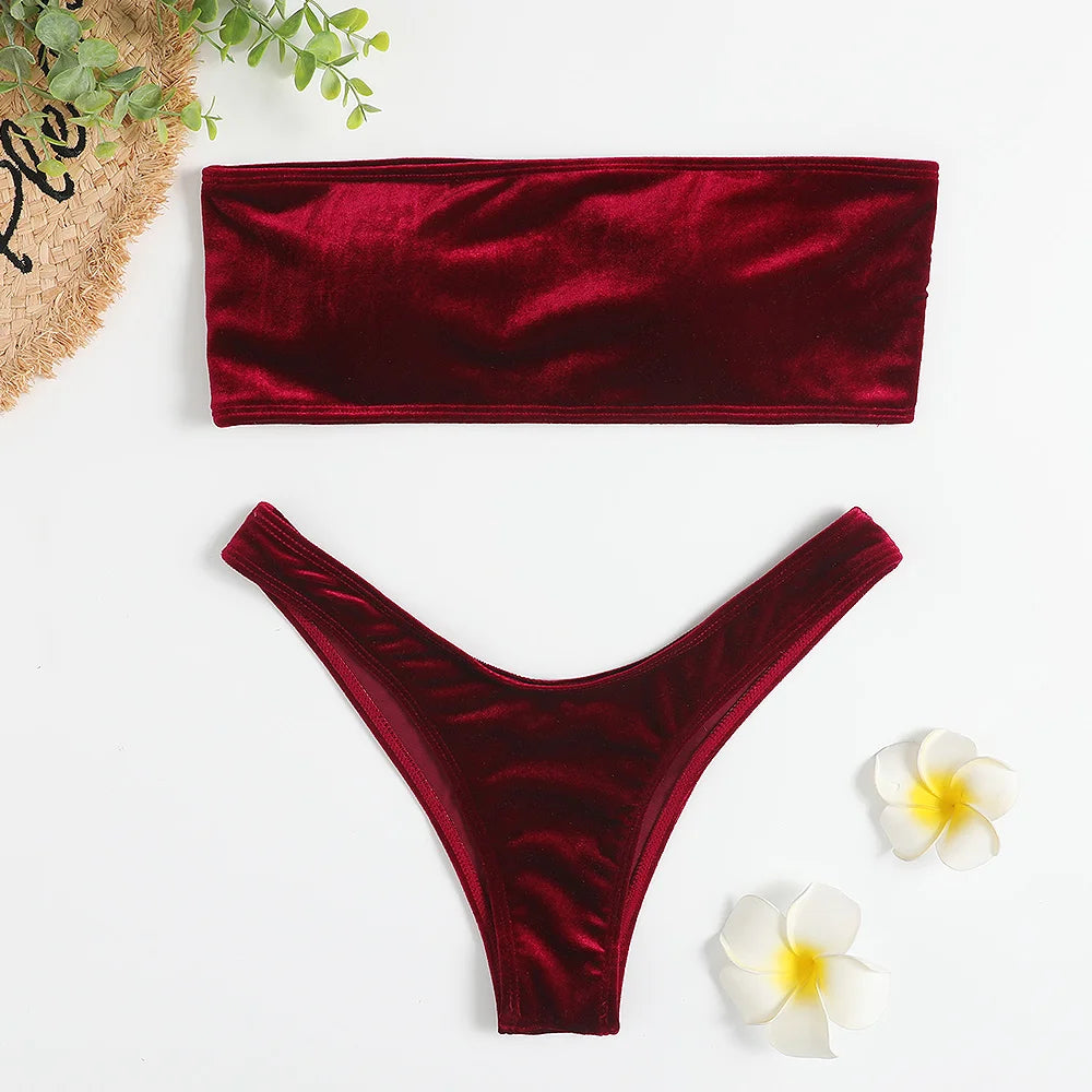 Velvet Bikinis 2025 Women Brazilian Bandeau Swimsuit Solid Sexy Swimwear Female Beachwear Bathers Bathing Swimming Swim Suit - Sun Studio