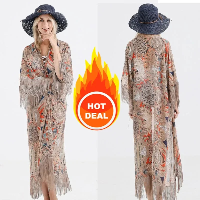 2021 Retro Printed Half Sleeve Cardigan Kimono Boho Fringed Tassels Cover Up Ankle Length Cape Beach Swimsuit - Sun Studio