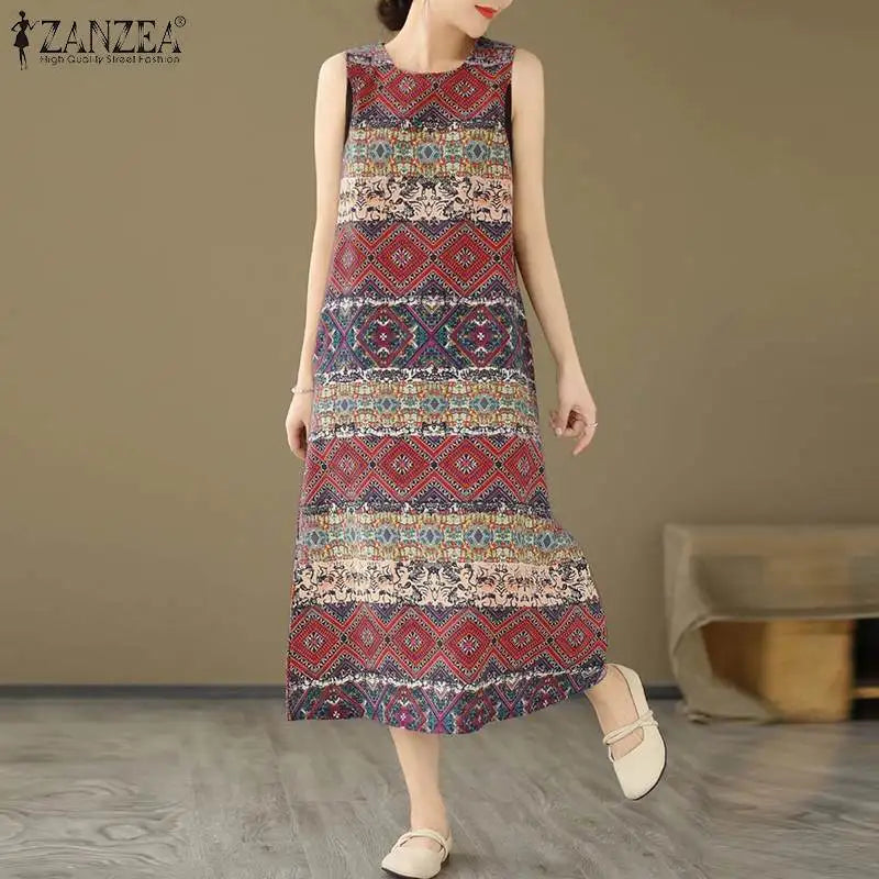 Women Bohemain Sleeveless Sundress ZANZEA Summer Printed Dress Vintage Beach Holiday Vestidos Casual O Neck Baggy Midi Dresses - Sun Studio