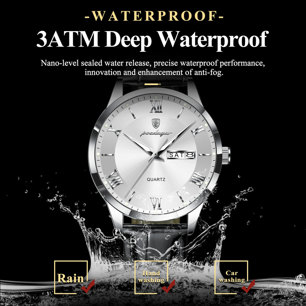 POEDAGAR Classic Luxury Men's Wristwatch Date Week Leather Business Man Watch Waterproof Luminous Fashion Quartz Watches For Men - Sun Studio