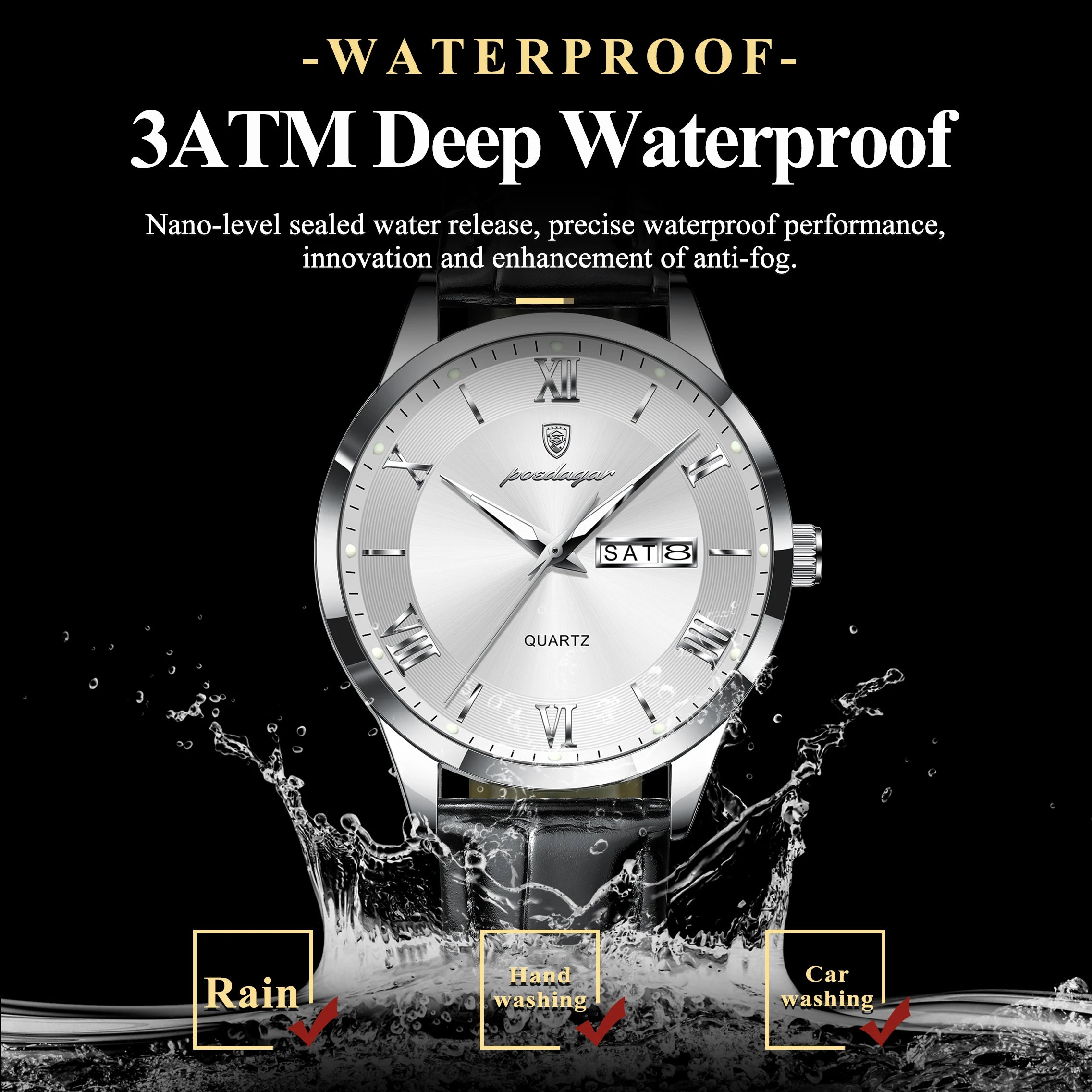 POEDAGAR Classic Luxury Men's Wristwatch Date Week Leather Business Man Watch Waterproof Luminous Fashion Quartz Watches For Men - Sun Studio