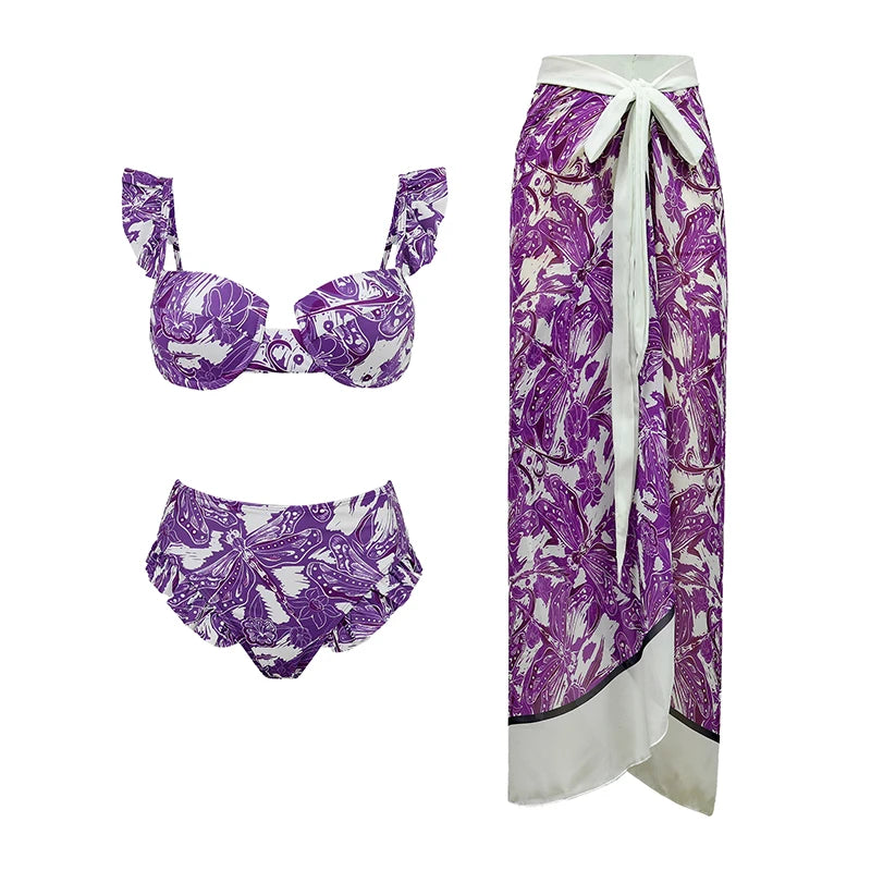 2024 Sexy Women's Swimsuit with Skirt One-Piece Swimwear Vintage Ruffle V Neck Cover Up Bikinis Set Beachwear Bathing Suit