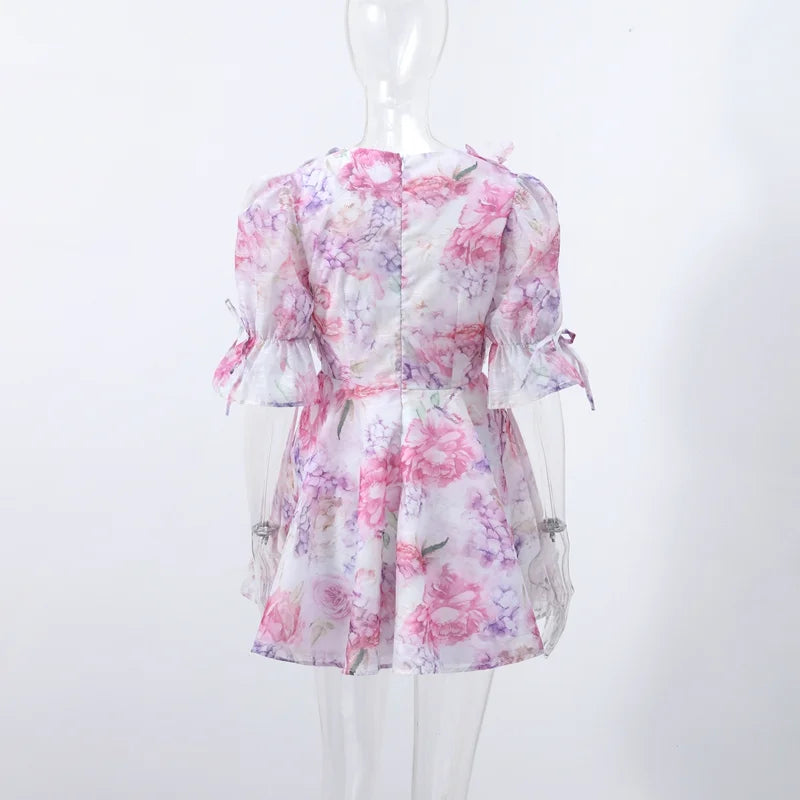 Sexy Flower Print Mini Dresses Women Elegant Ruffles Flared Sleeve Layered V-neck Vestido Female Evening Club Party Outfits 2026 - Sun Studio
