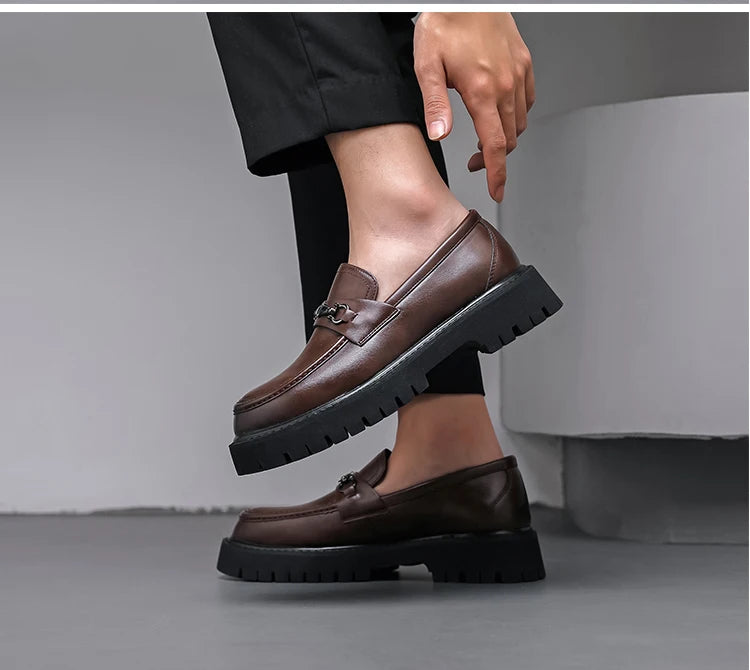 STRONGSHEN Men Leather Shoes Thick-soled British Style Formal Business Shoes Fashion Luxury Slip-On Round Toe Office Casual Shoe - Sun Studio