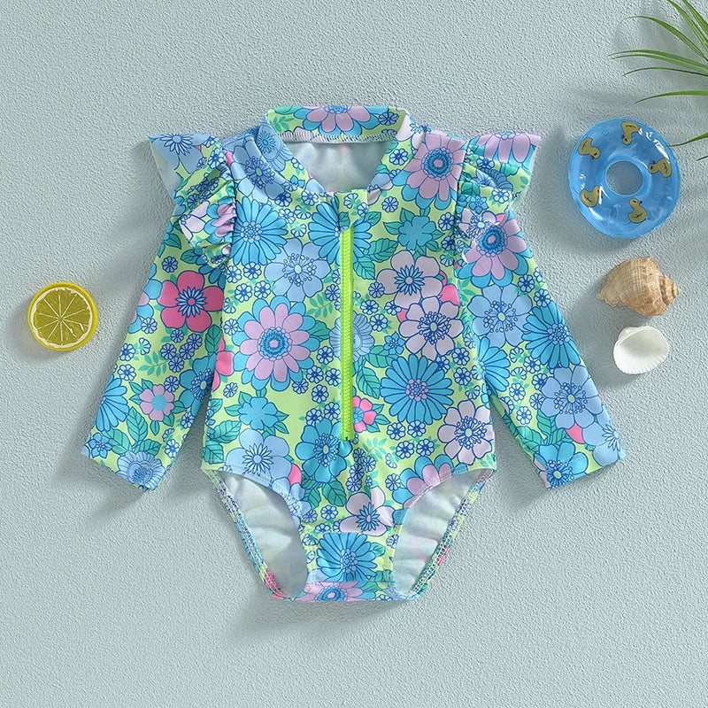 Infant Girls Rash Guard Swimsuit Floral Print Zipper Long Fly Sleeve Sun Protection Bathing Romper Swimwear - Sun Studio