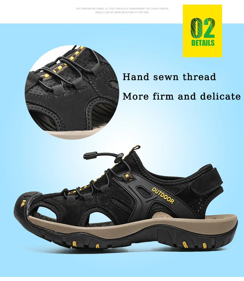 Men's Sandals Top Cowhide Upper Hollow Out Round Toe Outdoor Beach Walking Non Slip Durable Summer Beach Shoes Adjustable Buckle - Sun Studio