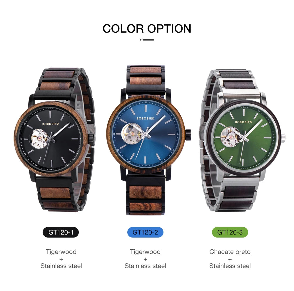 BOBO BIRD New Mechanical Watches for Men Luxury Wood and Stainless Steel Skeleton Customized Automatic Watch relojes mecánicos - Sun Studio