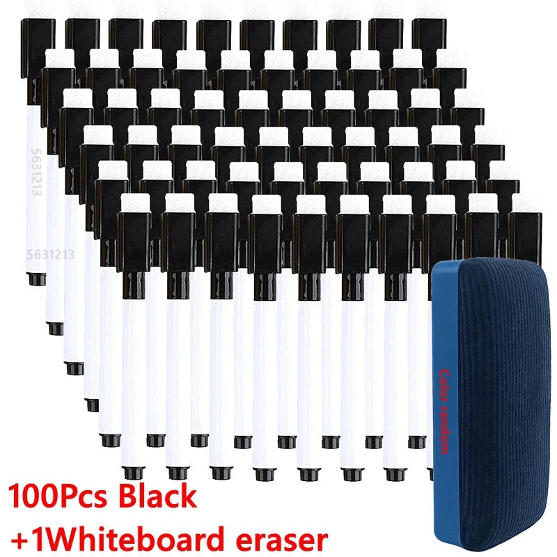 Lot de 100/5 Marqueurs effaçables à sec pour tableau blanc, Stylos lavables avec effaceur magnétique pour tableaux blancs de bureau et fournitures d'art