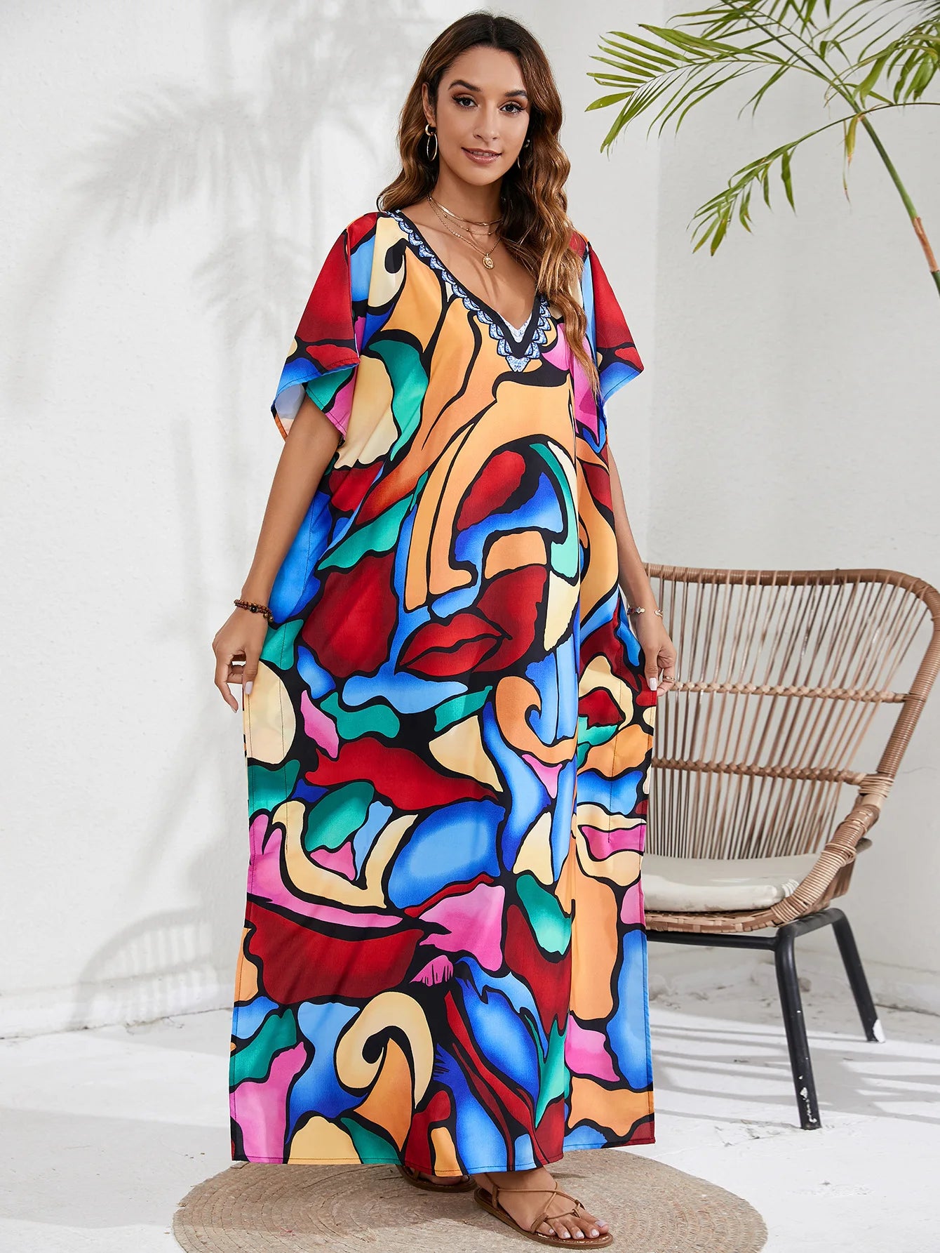 Kaftan Dresses for Women Plus Size Tie Dye Batwing Sleeve Caftans Swimsuit Coverup Maxi Dress Loungewear - Sun Studio
