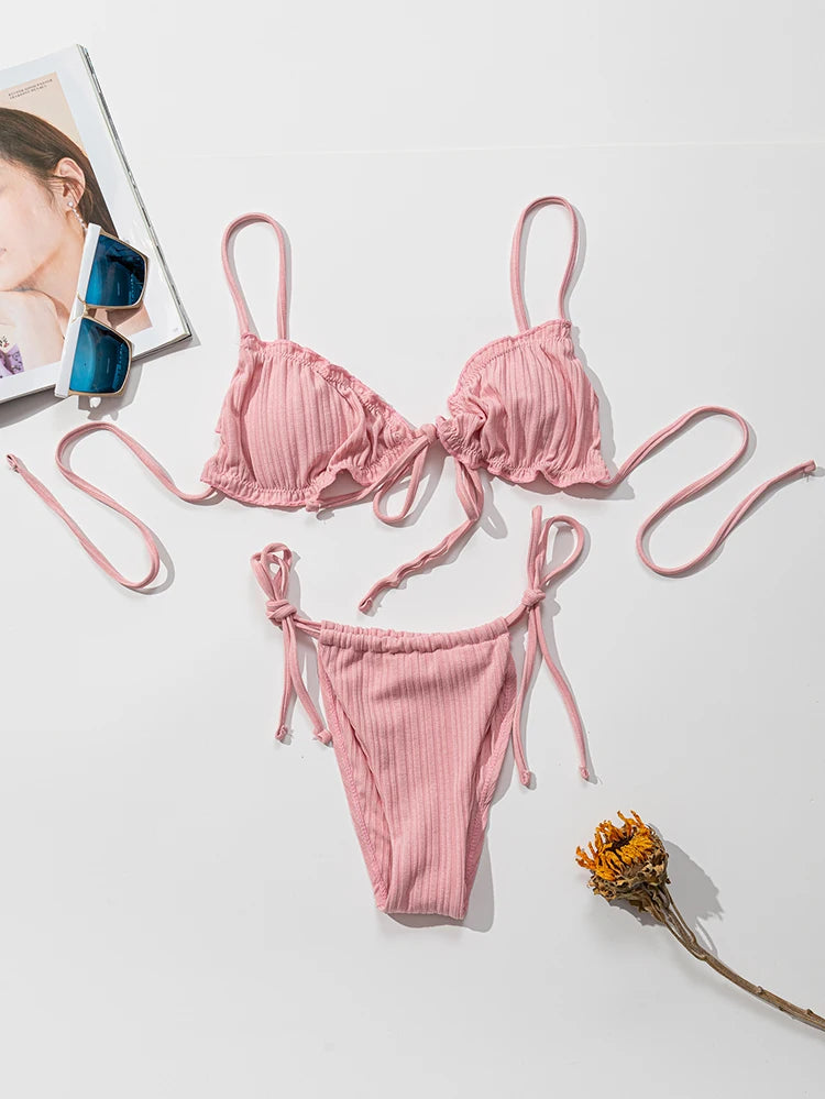 New 2025 Sexy Swimsuit Pit stripe Bikini Women Swimwear  Bathing Suits Push Up Biquinis Bandage Beachwear Solid Bikini Sets - Sun Studio