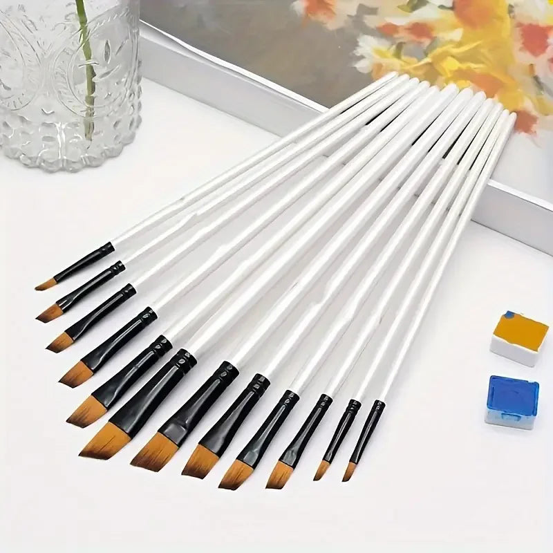 12/48Pcs Professional Quality Art Watercolor Brushes White Nylon Round Tip Set for Acrylic and Brushes for Face Body Nail Art - Sun Studio