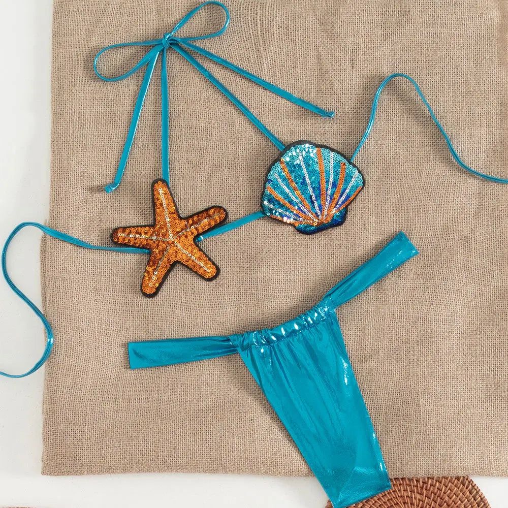 Shiny Sequin Shell Starfish Bikini Set Women Sexy Push Up Pleate Thong Swimsuit 2025 Brazilian Beach Bathing Suit Micro Swimwear - Sun Studio