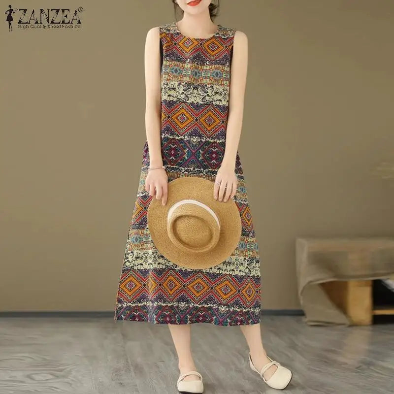 Women Bohemain Sleeveless Sundress ZANZEA Summer Printed Dress Vintage Beach Holiday Vestidos Casual O Neck Baggy Midi Dresses - Sun Studio