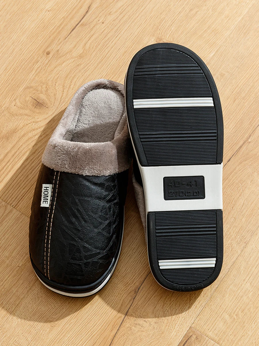 PU Leather Big Sizes Men slippers Indoor Waterproof Fur Flat Men's Winter Home Slipper Cotton Bedroom Houseshoes - Sun Studio
