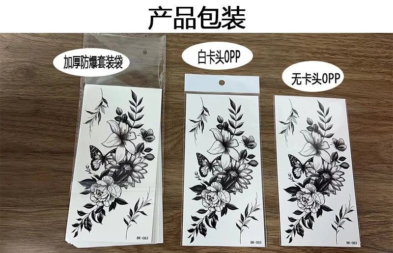 Black White Temporary Transfer Tattoos Floral Butterfly Lettering Line Art Waterproof Body Stickers for Music Festival Party - Sun Studio