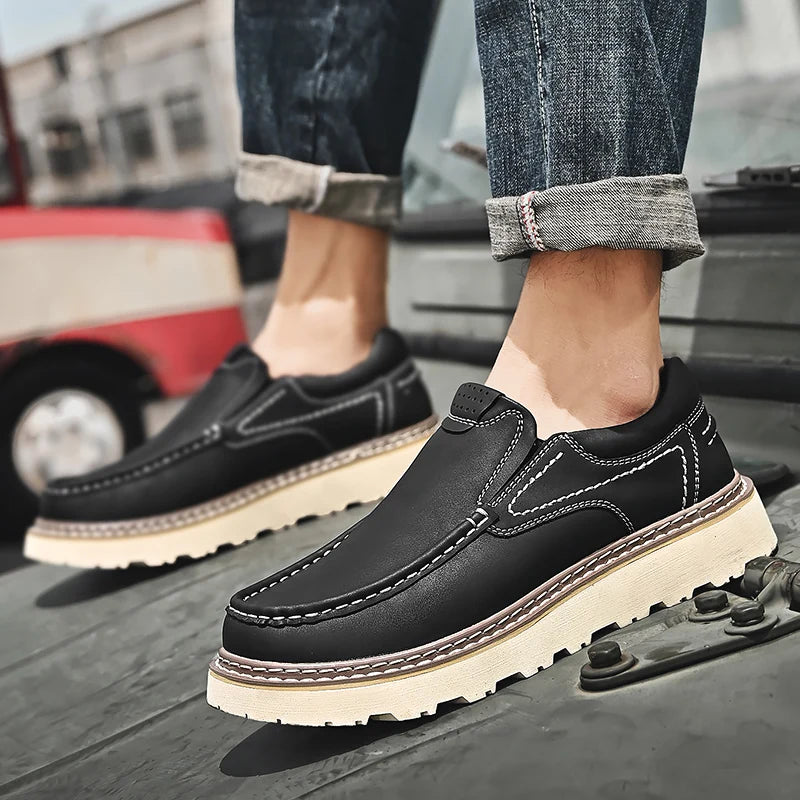 Trendy New Style Men's Genuine Leather Shoes Thick Soled Tooling Shoes Men's Oxford Shoes Lace Up Business Shoes Outdoor Loafers