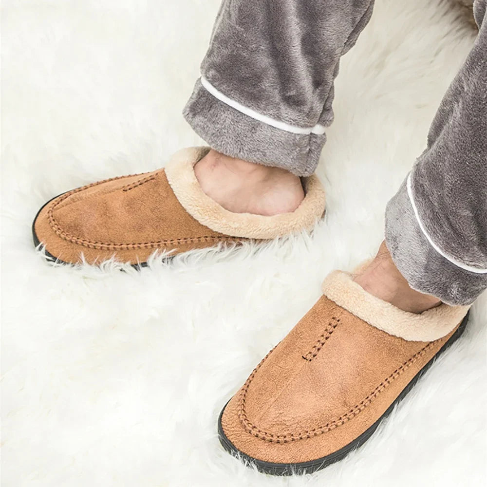 Men Slippers Black New Winter Suede Slippers Warm Indoor Slipper Waterproof Home House Shoes Men Warm Velvet Fur Knitting Shoes - Sun Studio