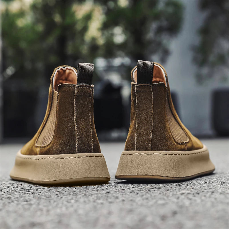 Fashion Brand Men Genuine Leather Mid Top Boots with British Style Autumn Winter Men Anti Slip and Wear-resistant Chelsea Boots - Sun Studio