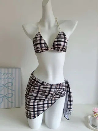 Low-Waist Plaid Bikini with Drawstring Strap Thermal Spring Swimsuit Women's Fashionable Vintage Lace Detailing By-Jane - Sun Studio