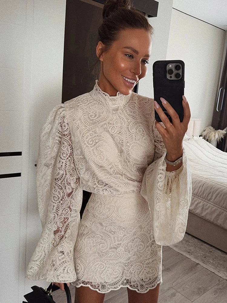 White Lace Dresses Elegant Solid Flared Sleeve High Neck Slim Pleat Mini Women Dress 2026 New Fashion Club Evening  Party Robes - Sun Studio
