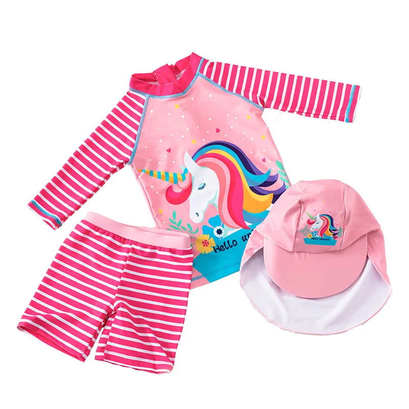 Girls Cute Cartoons Unicorns Split Swimsuit Set For 1-7Years Kids Long Sleeves Bathing Suit+Boxer Shorts+Hat Three-piece Set - Sun Studio