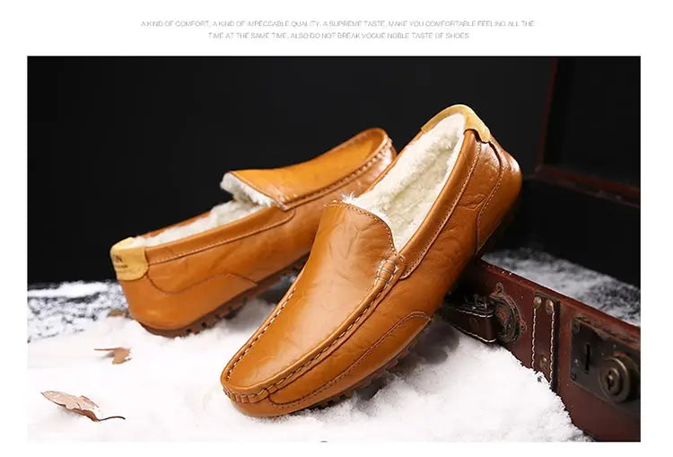 Winter Fur Loafers Men Casual Shoes Cotton Leather Dress Shoes Slip-on Flats Plush Man Moccasins Fleece Lined Driving Shoes - Sun Studio