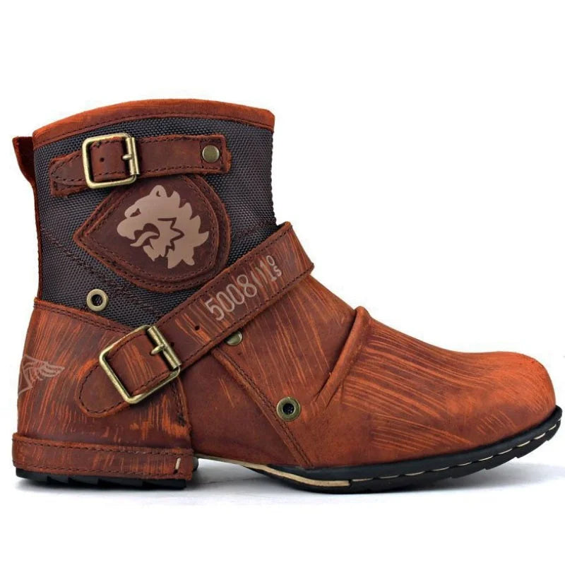 Men's Ankle Boots High Quality Cowboy Boots Men Metal Buckle Side Zipper Motorcycle Boots Gothic Boots Retro Western Boots - Sun Studio