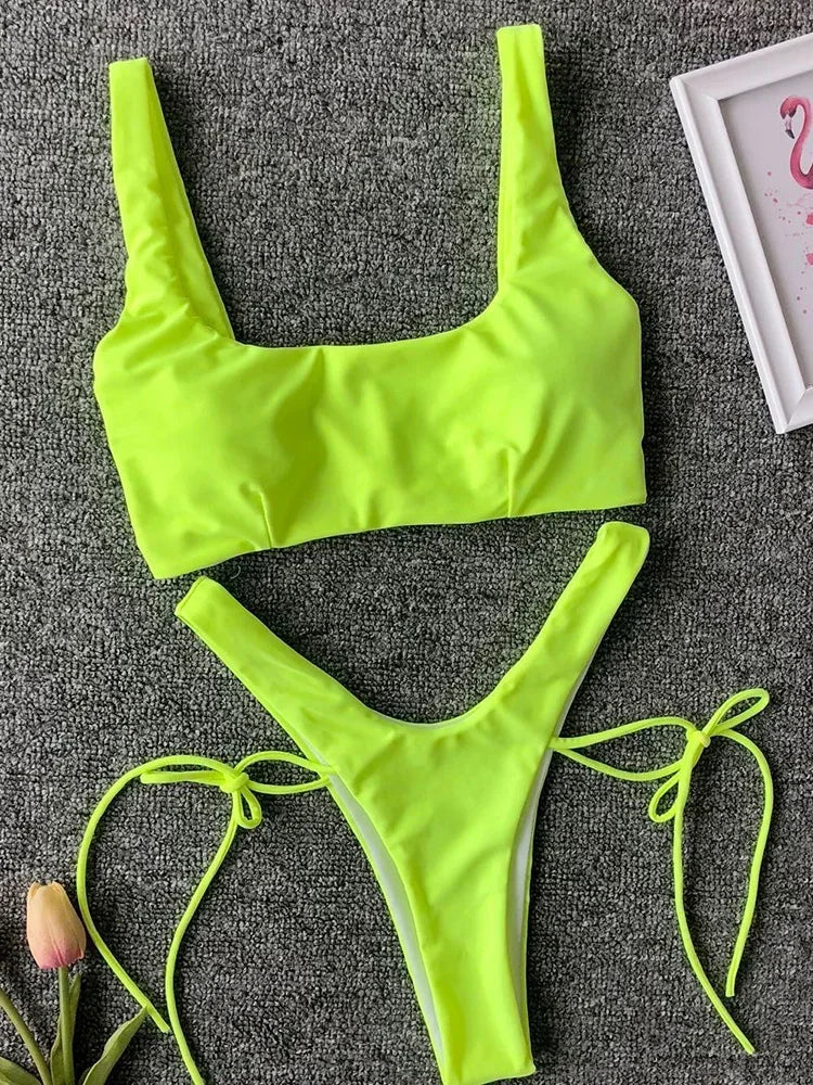 New 2025 Neon Green High Leg Cut Bikini Female Thong Swimsuit Women Brazilian Swimwear Two-pieces Bikini set Bather Bathing Suit - Sun Studio