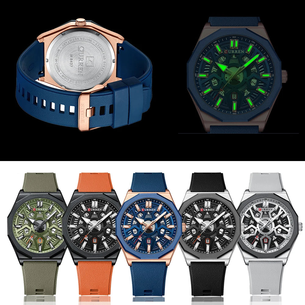 CURREN Fashion Creative Design Watches Men Quartz Silicone Strap Date Wristwatches for Male Clock with Luminous Hands - Sun Studio