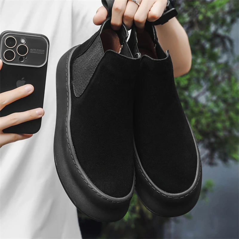 Fashion Brand Men Genuine Leather Mid Top Boots with British Style Autumn Winter Men Anti Slip and Wear-resistant Chelsea Boots - Sun Studio