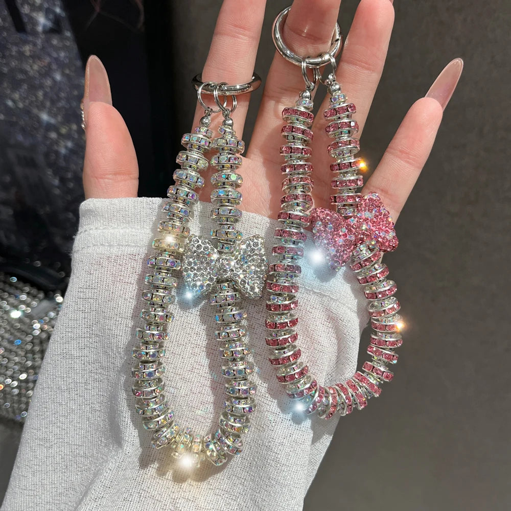 Rhinestone Bow phone wrist strap Luxury Crystal Bead Key Chains Charm Lanyard for Iphone cell phone strap glitter Jewelry Gift - Sun Studio