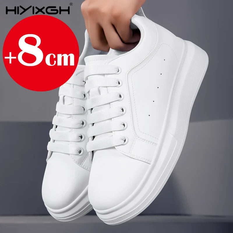 New men's leather elevator shoes 6 cm 8 cm invisible height increase white black sneakers leather height increase casual shoes - Sun Studio